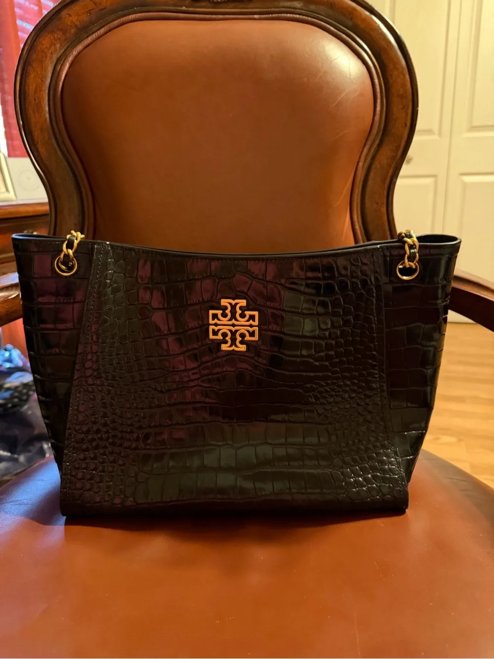 Tory Burch Black Croc-Embossed Shoulder Tote with Gold Logo